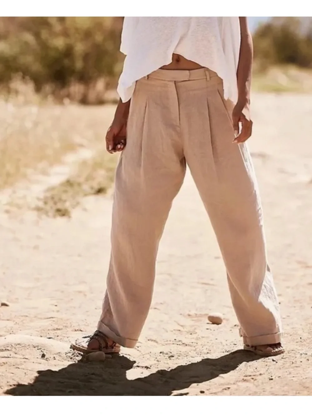 Free People Lyla wide leg cuffed linen trouser low slung pants beige 6 coastal